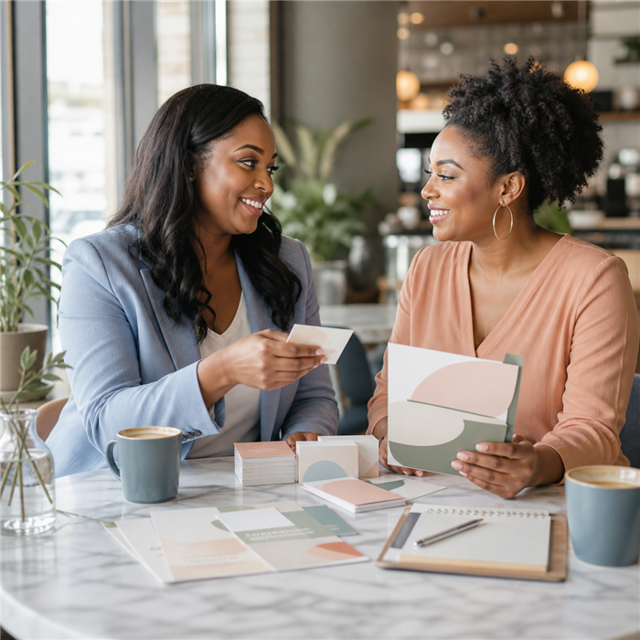 Two Black women entrepreneurs sharing printed business materials