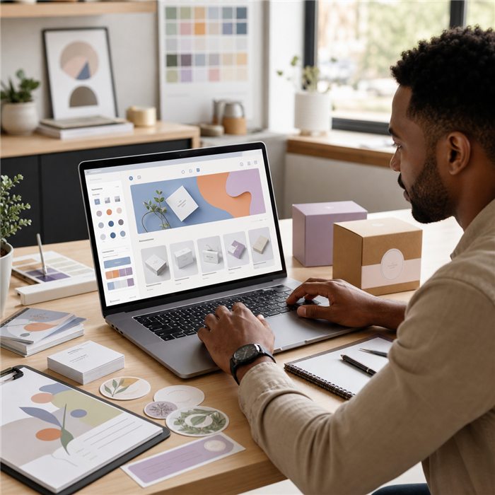 Black creative professional presenting premium print samples to a client