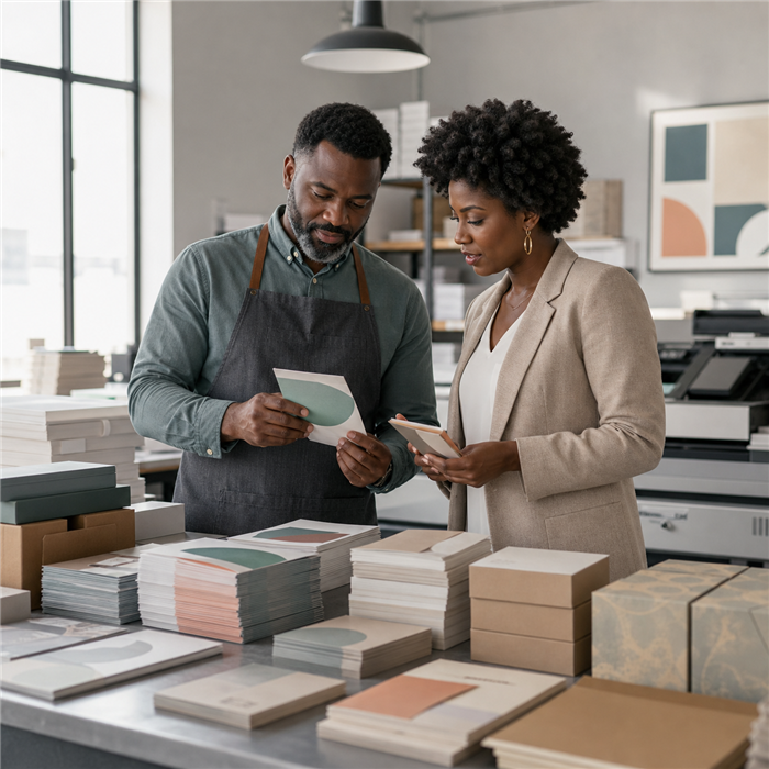 Black print professionals reviewing a wholesale print order